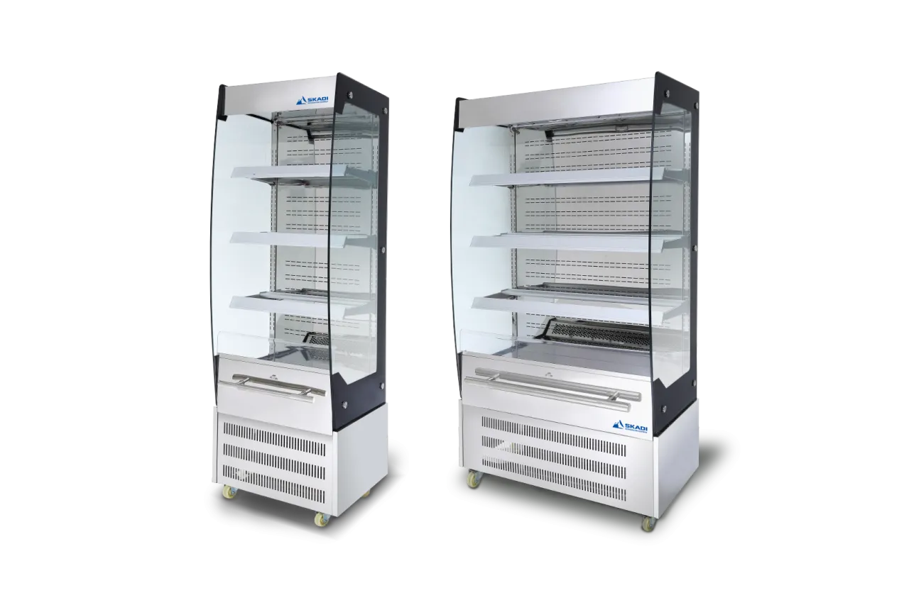 Two models of the Advanced Open Chiller for Bulk Orders EOC, featuring a sleek glass-front design with multiple shelving levels for optimal display of chilled products.